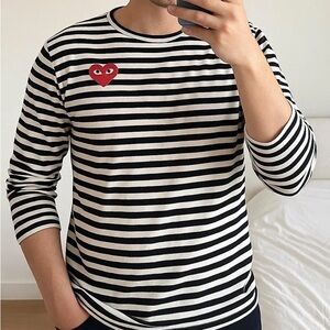 Comme des Garçons PLAY Striped Long Sleeve Tee - Red Heart Logo